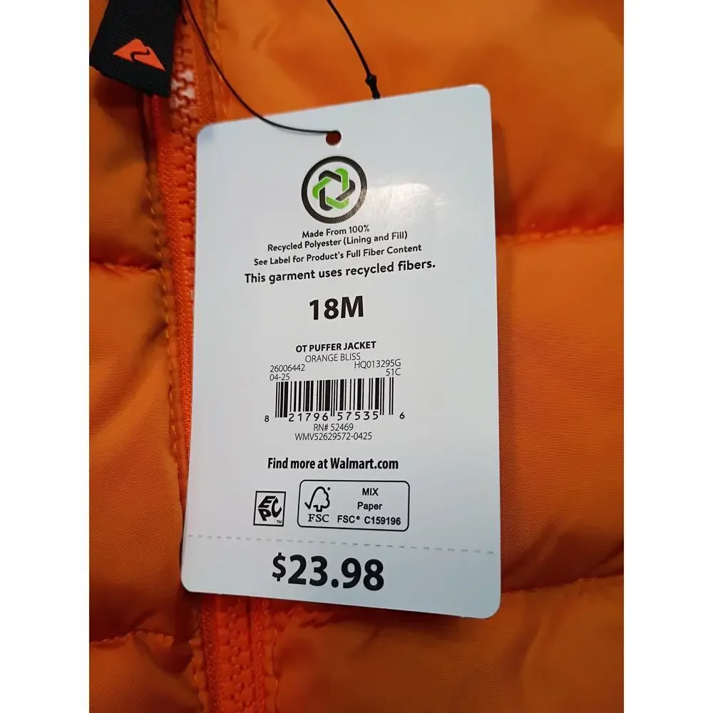 Ozark Trail Toddler Orange Puffer Jacket - Size 18M - NWT